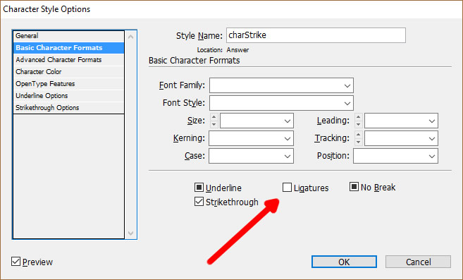 The InDesign character style dialog